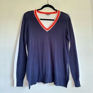 Barbara Katz Women’s Lightweight V Neck Color Block Sweater Navy Blue White Sz M